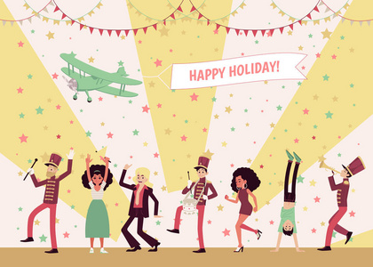 男人和女人跳舞, 一个游行乐队的音乐家演奏乐器, 人们庆祝照片