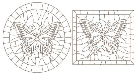 彩色玻璃的等高线图，在白色背景矩形和椭圆形图像上有蝴蝶的深色轮廓