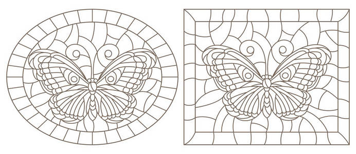 彩色玻璃的等高线图，在白色背景矩形和椭圆形图像上有蝴蝶的深色轮廓