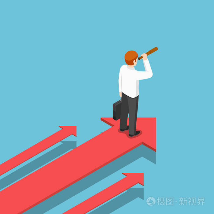 平面3d等距商人与望远镜站在箭头前进商业愿景概念