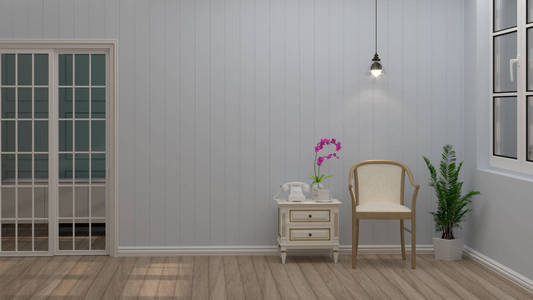 白色椅子在客厅简单布局墙壁老式空房3d渲染豪华客房内部现代世纪中叶