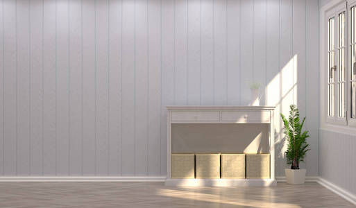 小屋和藤篮前面的灰色墙壁3d渲染豪华客厅,老式风格房间,室内家居设计