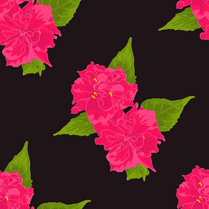 黑色背景上叶间粉红色花的矢量图案。 热带异国情调树木的无缝。 可用于纺织覆盖织物包装等的花卉无缝