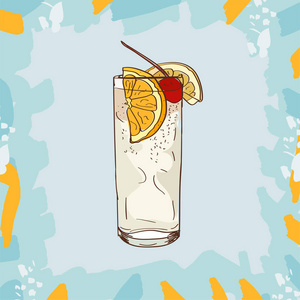 鸡尾酒的素描孤立插图。 当代经典汤姆柯林斯酒吧酒精饮料。 矢量手绘图像收集。