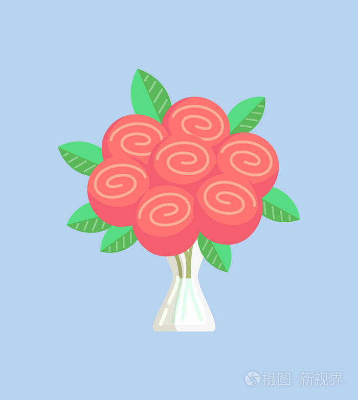 玫瑰花束粉红色的花与叶子在花瓶插画-正版商用图片18nphk-摄图新视界