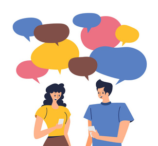 现代插图通过手持移动聊天和男女之间的社会活动关系来实现在线约会