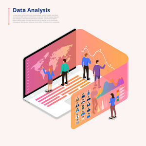 等距插图概念数据分析团队合作和工具。 在笔记本电脑上工作的年轻人扩展图表和图表进行分析。 矢量说明。