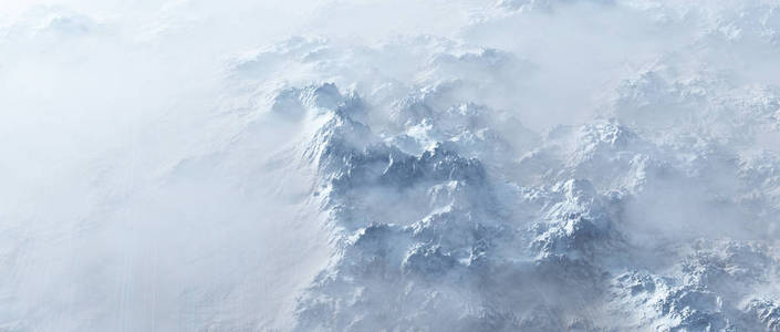 雾中崎岖陡峭雪山的空中。