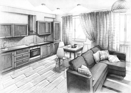 室内素描设计工作室公寓斯堪的纳维亚风格和生态景观沙发铅笔绘图照片