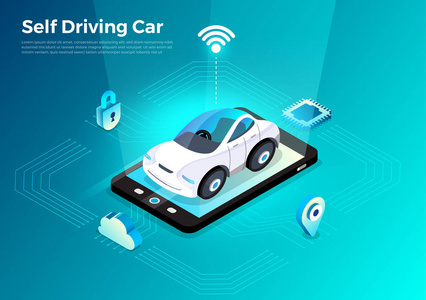 自主驾驶汽车传感器智能汽车无人驾驶汽车技术. 矢量说明.照片