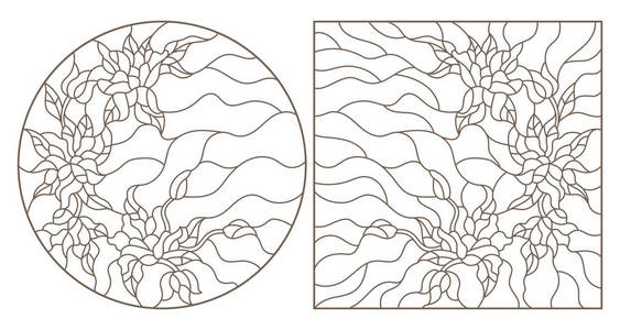 一组彩色玻璃轮廓插图，花椭圆形和长方形图像在框架黑暗轮廓在白色背景上