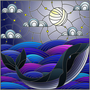 彩色玻璃风格的插图鲸鱼进入波浪,星空,月亮和云彩照片