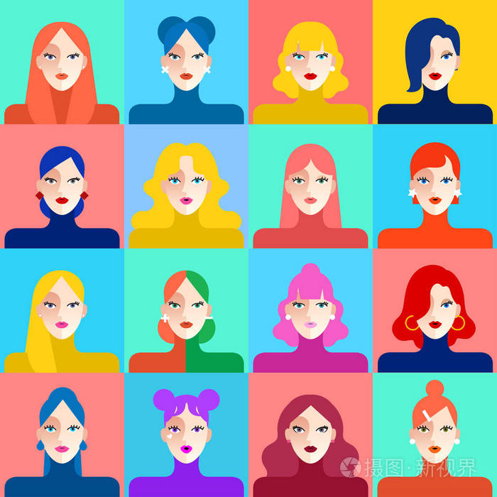彩色背景下的女性发型集:矢量插图