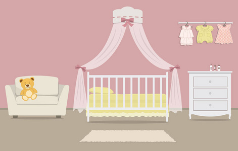 s room for a newborn baby. Interior bedroom for a baby girl in a