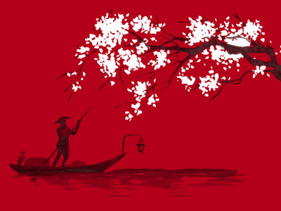 日本传统的相美画。水彩和水墨插图的风格 sumie, usin。富士山樱花日落。日本太阳。印第安墨水例证。日本图片, 红
