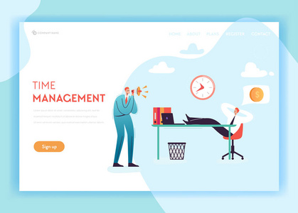 业务加班登陆页面模板。工作后期概念与懒惰的办公室工作人员和老板尖叫在扩音器的网站横幅。向量例证