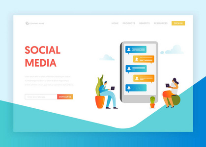 社交媒体网络通信概念登陆页面模板。用户使用移动小工具在社交网络中使用移动小工具进行网站横幅聊天。向量例证