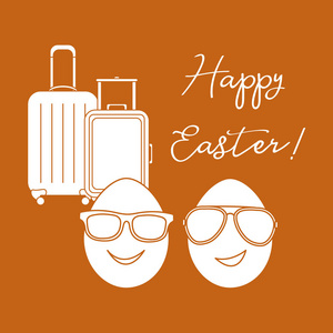 带有两个鸡蛋太阳镜手提箱的矢量插图。题记复活节快乐。贺卡。