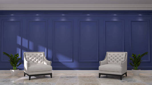 豪华，室内，客厅白色扶手椅，无家具前空白墙3D渲染家居设计。