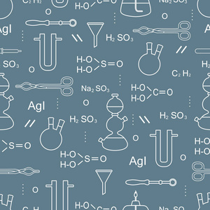 科学矢量无缝图案与烧瓶，燃烧器，漏斗，工具和公式。教育要素。化学，生物，医学..