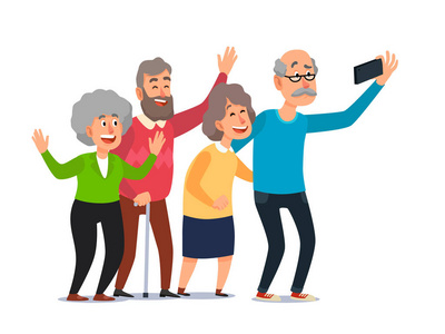 老人自拍。老年人拍智能手机照片, 快乐笑组的老年人卡通插图