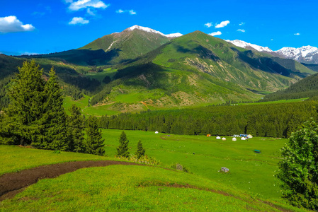 卡拉科尔峡谷度假胜地，景观雪顶特斯基阿拉太山山脉酸奶营地