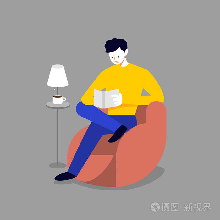 插画 男人在沙发和看书上放松. 矢量插图卡通平面设计理念.eps