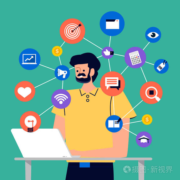 一组卡通人物使用互联网设备,如智能手机和笔记本电脑与数字生活方式