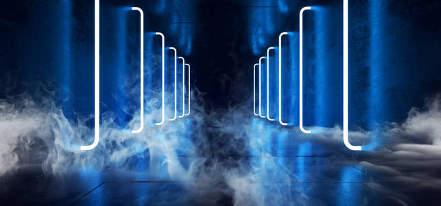 烟雾网络科幻未来现代复古霓虹灯发光蓝光在暗空格朗格反射混凝土走廊背景舞蹈俱乐部3渲染插图