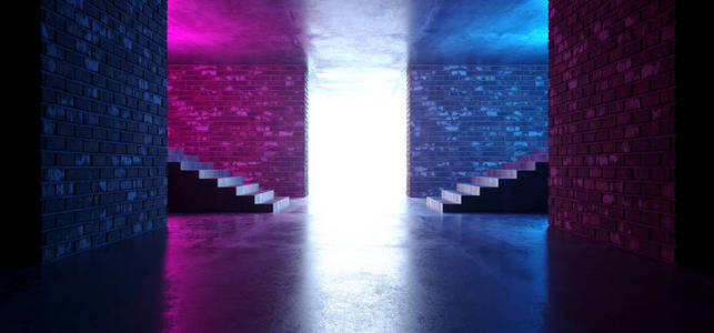 复古霓虹灯未来灰砖混凝土发光紫粉红色空舞台室俱乐部与楼梯SCIF I激光射线活力白光门3渲染插图。