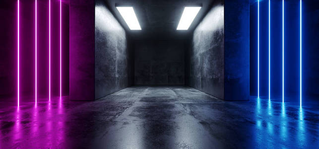 霓虹灯网络科幻未来现代复古LED激光舞蹈灯垂直线蓝粉紫色灯在反射混凝土暗空房间走廊3渲染插图。