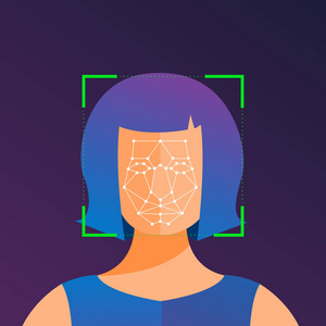 插图概念面部识别技术目前与肖像特写的人脸进行扫描。 横幅网站出版商或杂志的设计。 矢量说明。