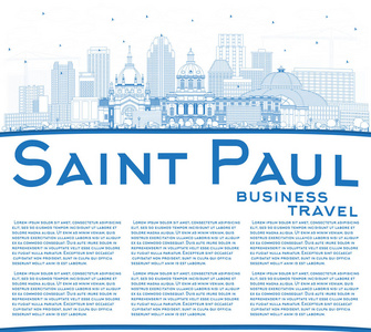 勾勒圣保罗明尼苏达州城市天际线与蓝色建筑和复制空间。 矢量图。 现代建筑的商务旅游和旅游理念。 圣保罗美国城市景观与地标。