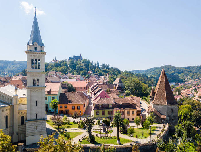 罗马尼亚,特兰西瓦尼亚,默尔斯,希希索阿拉或希希希索拉古城的尖顶和