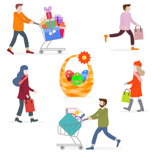 矢量插图与人们去购物携带购物。 复活节篮子里有鸡蛋。 大销售和购物理念。 横幅海报或打印的设计。