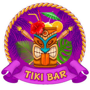 鸡图腾鸡尾酒杯与tiki部落面具竹炬和酒吧招牌. 夏威夷传统元素.