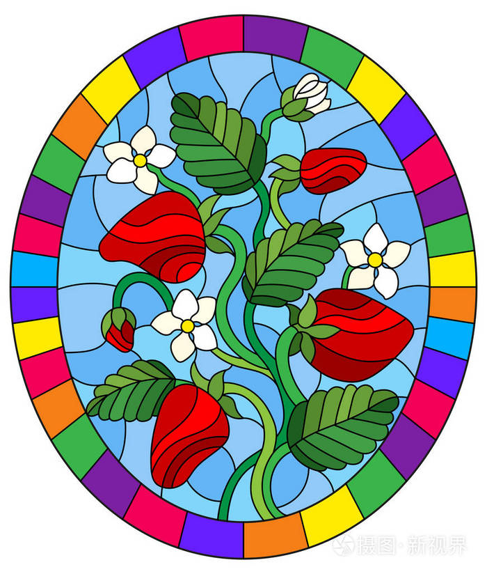 彩色玻璃插图浆果叶和草莓花椭圆形图片明亮的框架插画-正版商用图片