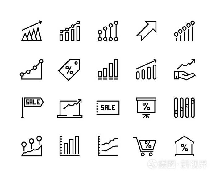 销售图形线图标.营销业务进展, 美元图表箭头向上, 资金增长图形.