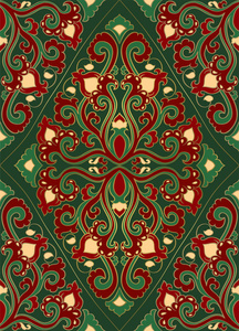 矢量花卉图案。 抽象的丝状装饰品。 纺织品披肩地毯的绿色和红色模板。