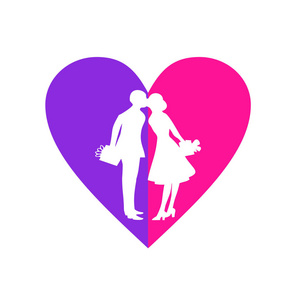 一对相爱的夫妇。 紫色粉红色和蓝色平面设计矢量插图。