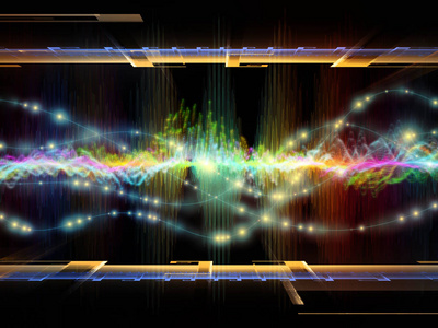 波函数系列。 有色正弦振动光和分形元素的组成与声音均衡器音乐谱和量子概率的隐喻关系
