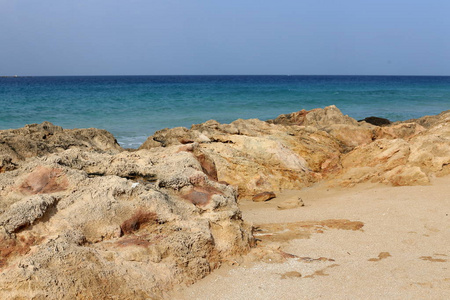 以色列北部地中海沿岸的岩石和石头