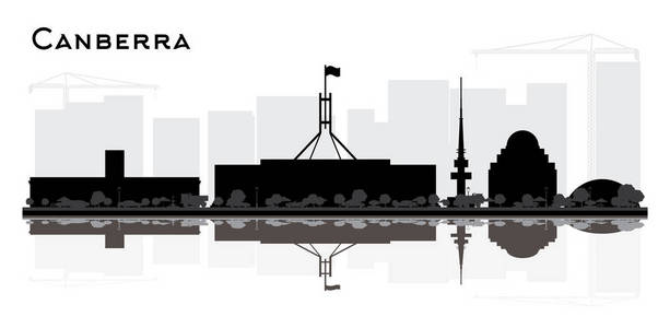 堪培拉澳大利亚城市天际线轮廓与黑色建筑和反射孤立在白色。 矢量图。 具有历史建筑的旅游理念。 堪培拉城市景观与地标。