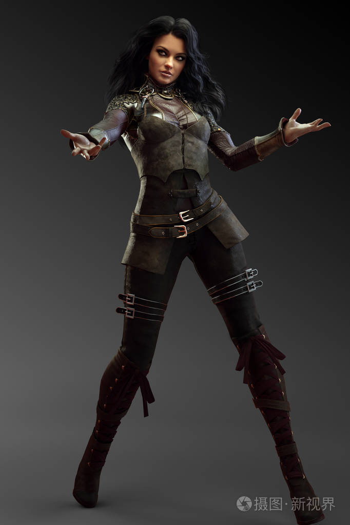 幻想战士或法师女,有黑色头发的皮甲