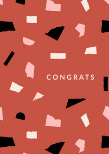贺卡模板与剪纸形状的黑色粉彩和奶油在砖红色背景。 短信恭喜。 创意和现代拼贴风格的墙壁艺术贺卡礼品包装设计。
