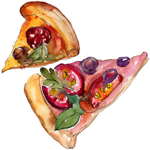 一套水彩风格的快餐伊塔利亚披萨手绘对象插图背景