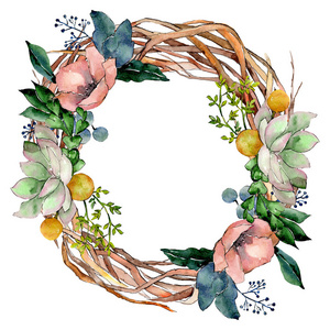 野春叶野花.水彩背景插图一套.水彩画时尚服装隔离.框架边框点缀广场.