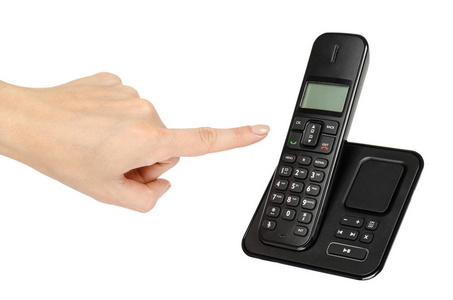 现代座机无绳电话与手老技术概念。 孤立于白色背景
