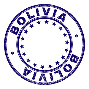 波利维亚邮票印章水印与灰色纹理。用圆形和星星设计。蓝色矢量橡胶打印的BOLIVIA标签与肮脏的纹理。