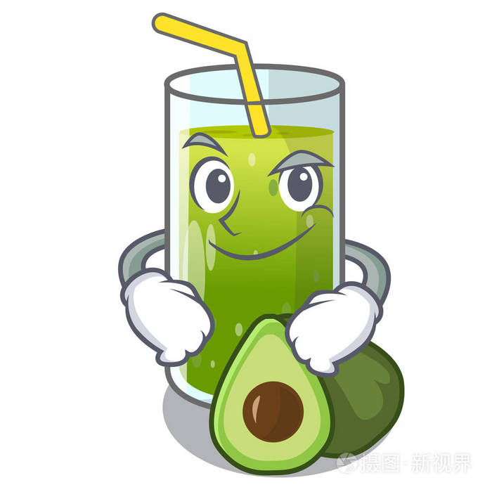 在木制卡通桌上微笑鳄梨奶昔矢量插图